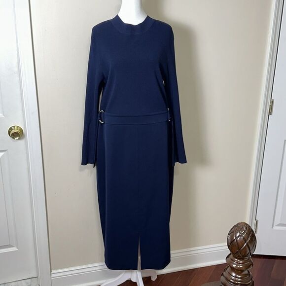 Ted Baker 5/14 Ellhad Navy Mock Neck Knit Combo Long Sl D-Belted Back Zip Dress - Picture 4 of 16